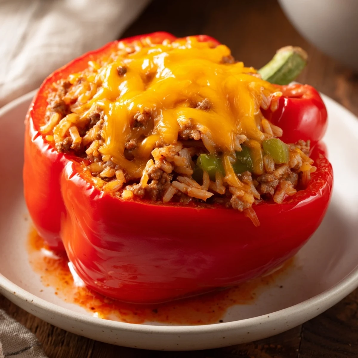 Four colorful bell peppers, roasted and generously stuffed with Creole-seasoned ground beef and fluffy rice, offer a warm and hearty meal.
