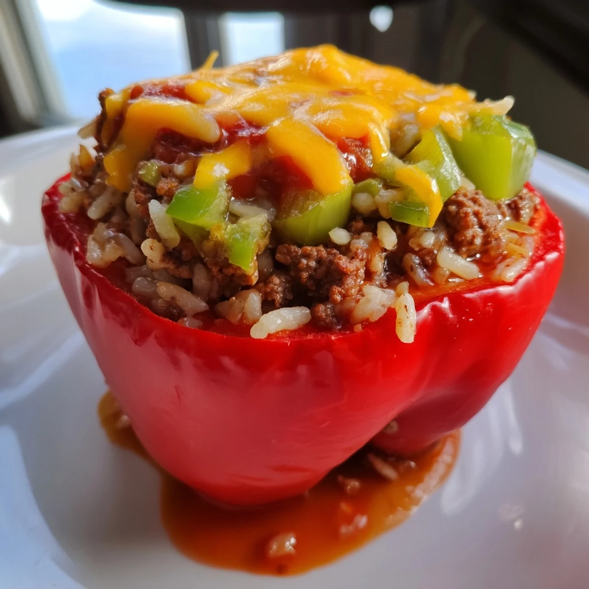 A close-up view showcases a halved Creole stuffed pepper, revealing a savory beef and rice filling on a rustic serving plate.
