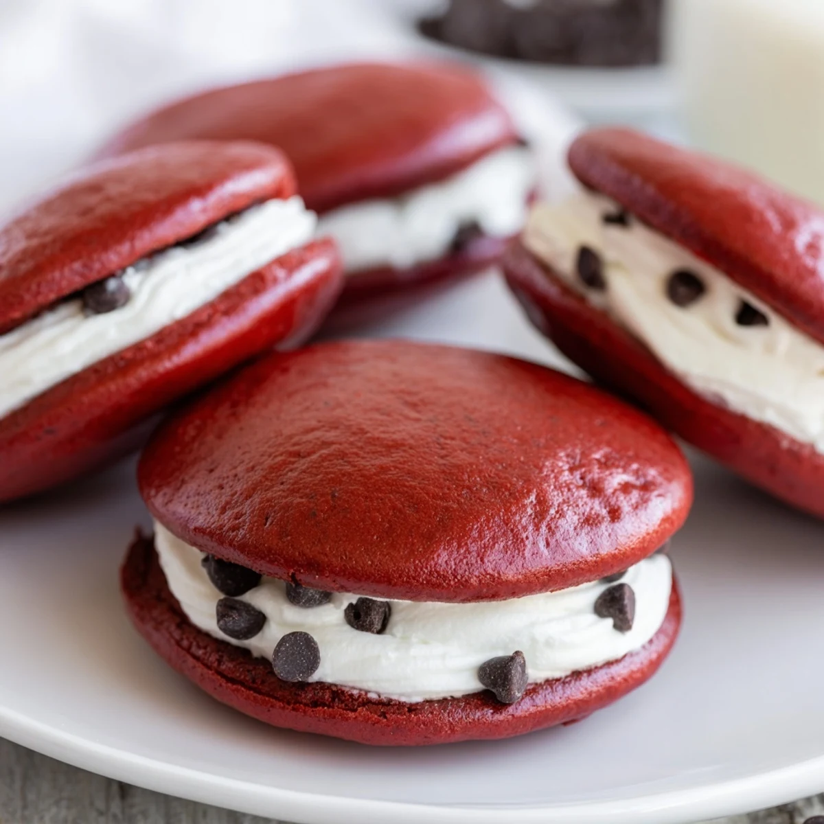 Fluffy marshmallow filling sandwiched between two soft, vibrant red velvet cakes for a classic American dessert.