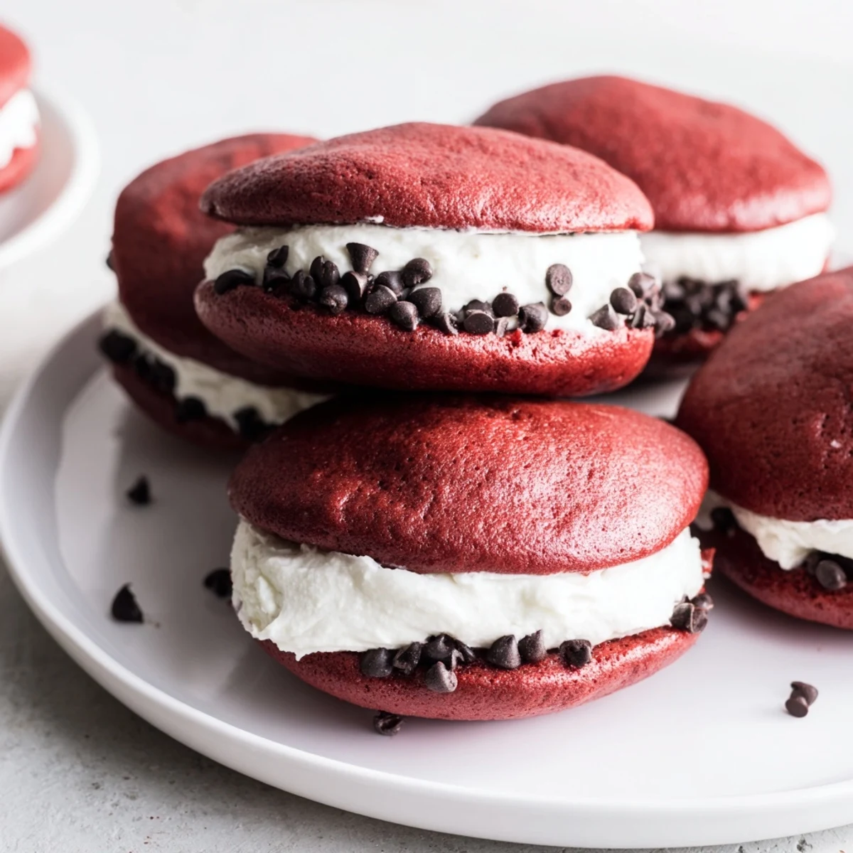 Stack of homemade Red Velvet Whoopie Pies with creamy filling on a rustic wooden platter.