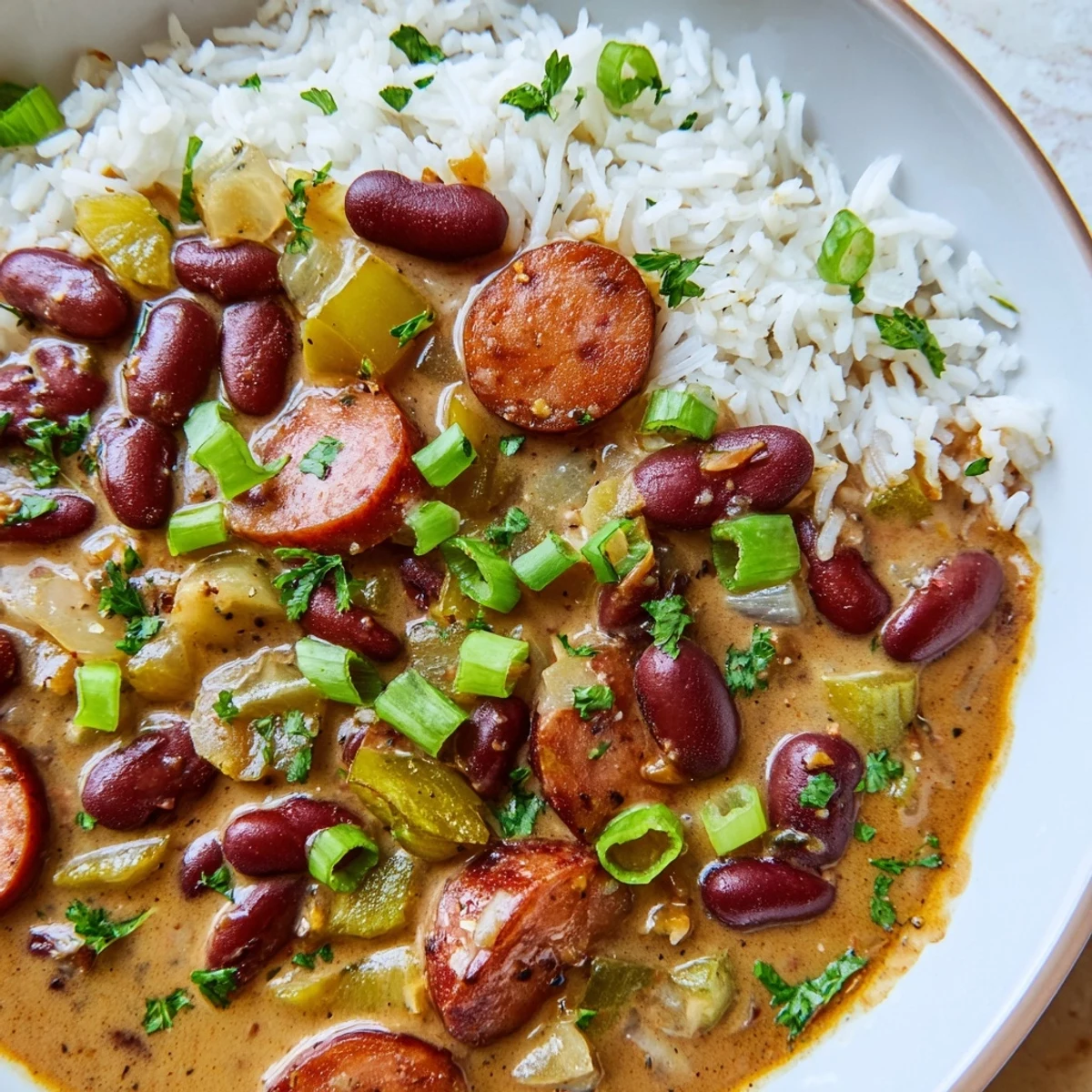 A close-up of Red Beans and Rice with Beef Sausage, featuring creamy beans and smoky sausage slices on fluffy white rice.