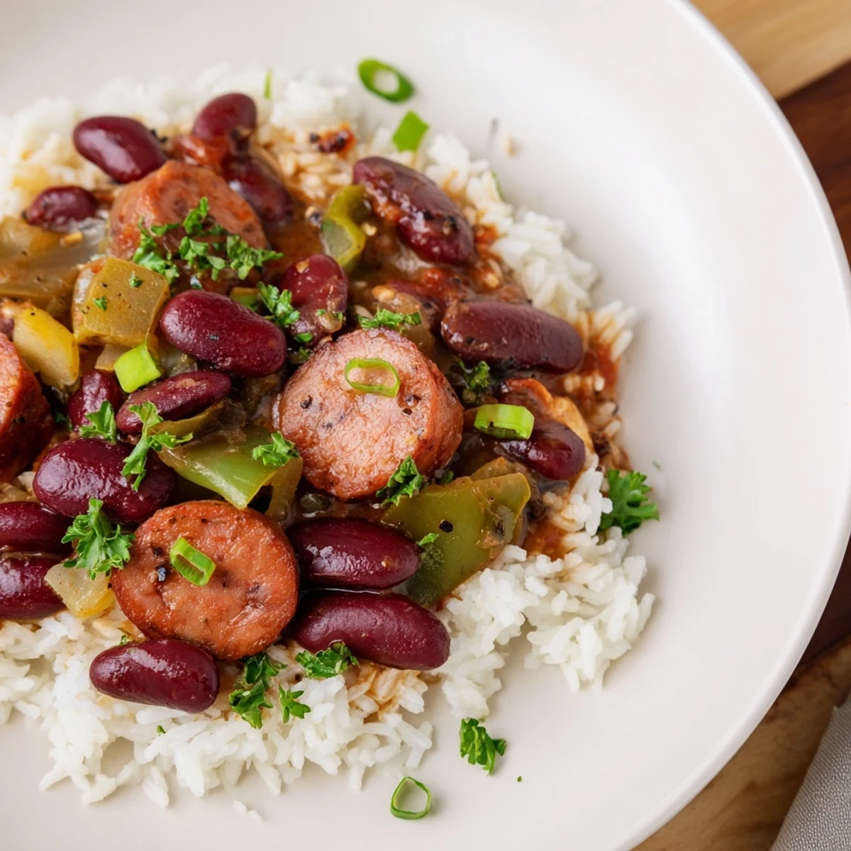 Garnished with fresh green onions, this hearty Red Beans and Rice with Beef Sausage is served ready to eat.