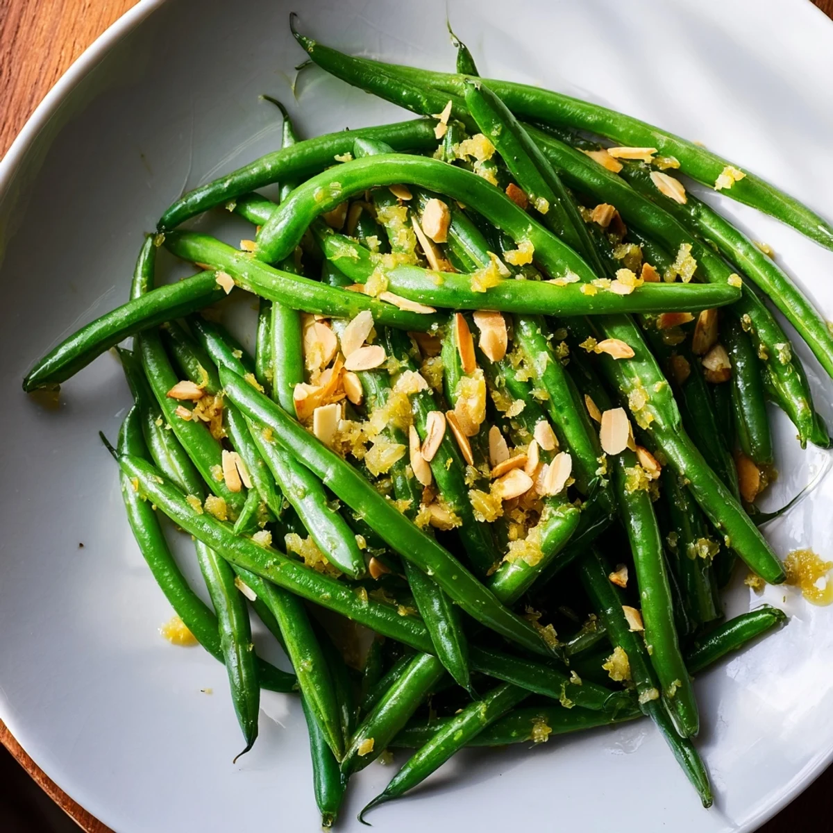 Tender green beans with lemon and toasted almonds served warm, garnished with fresh zest on a rustic plate.
