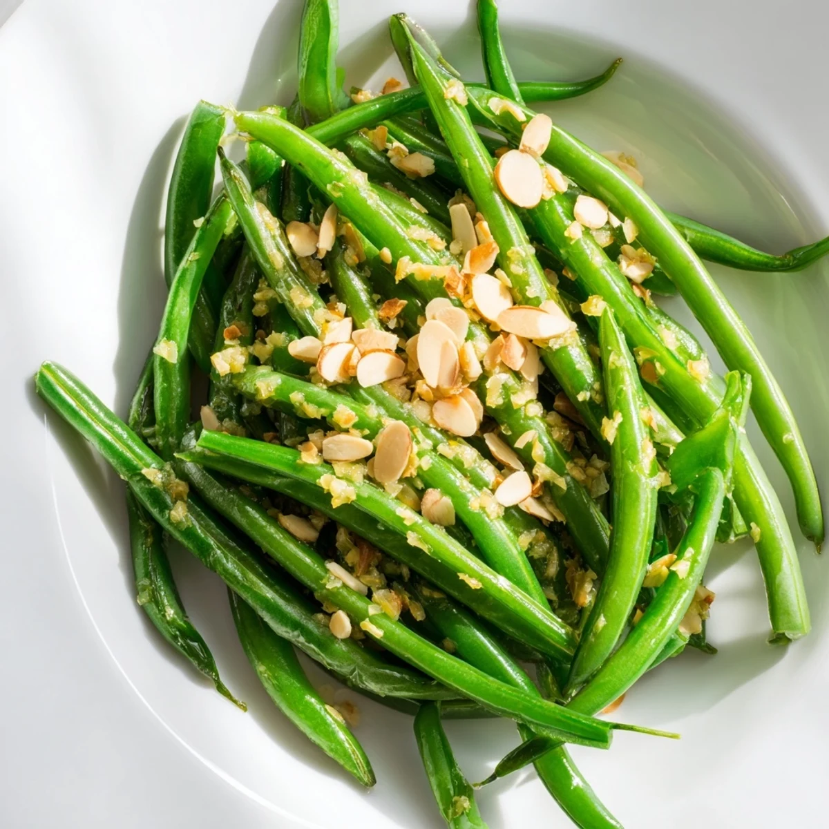 Sizzling green beans with lemon and toasted almonds, paired with roasted chicken for a fresh, bright vegetarian dinner.