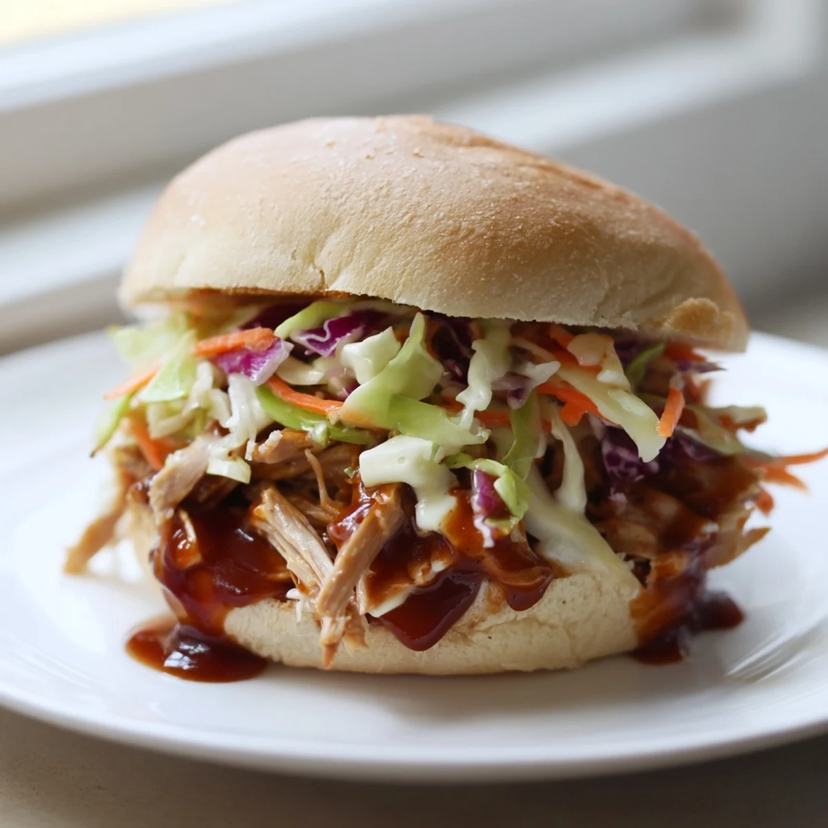Golden-brown pulled chicken coated in tangy barbecue sauce, piled onto a toasted bun and topped with crisp cabbage slaw for texture.  