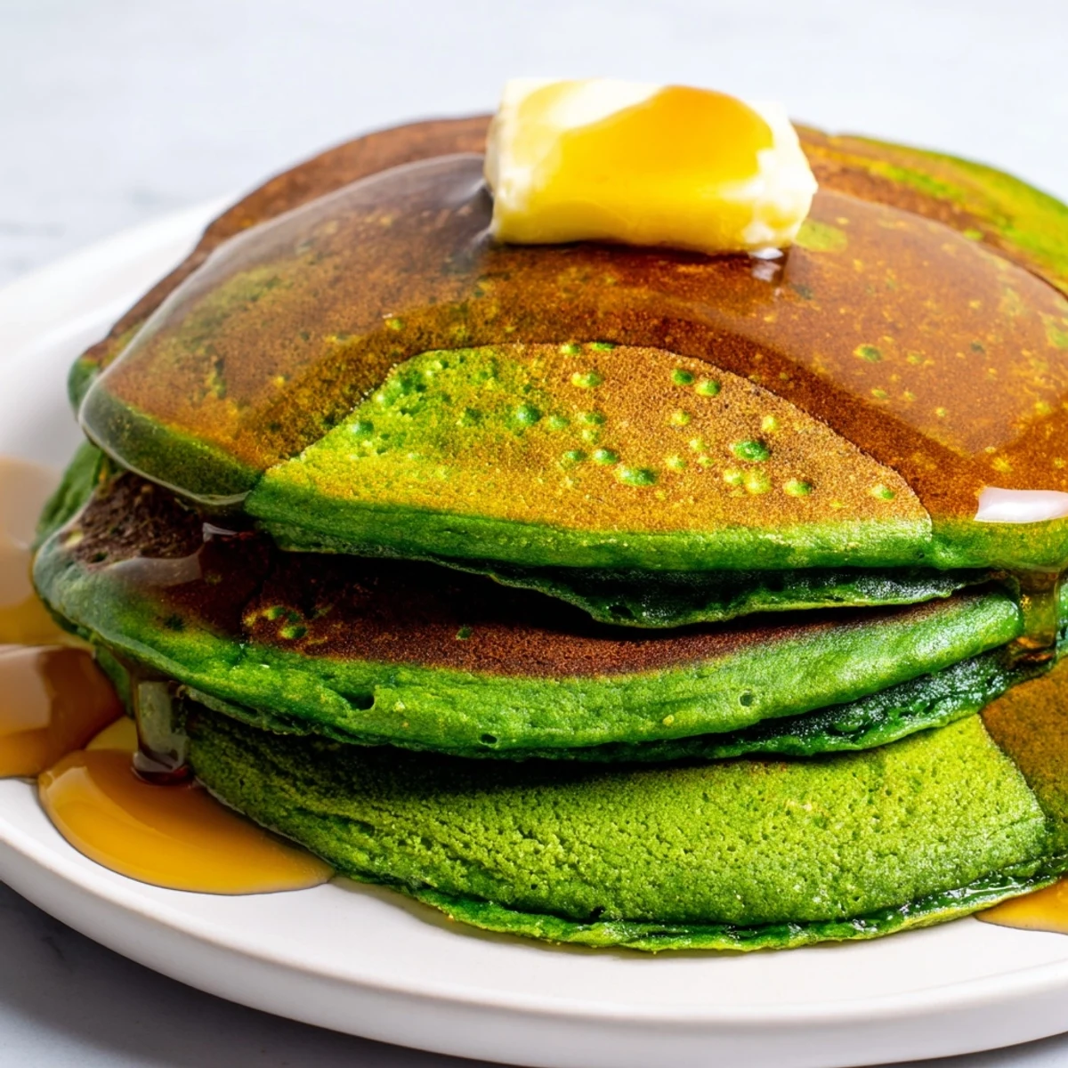 A close-up of fluffy green pancakes sizzling on a griddle, ready to be flipped for a perfect golden finish.