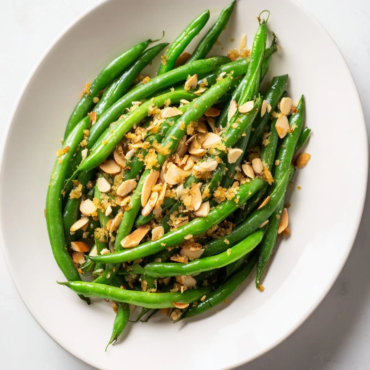 Bright green beans glistening with fresh lemon and topped with crunchy toasted almonds, served as a fresh side dish.