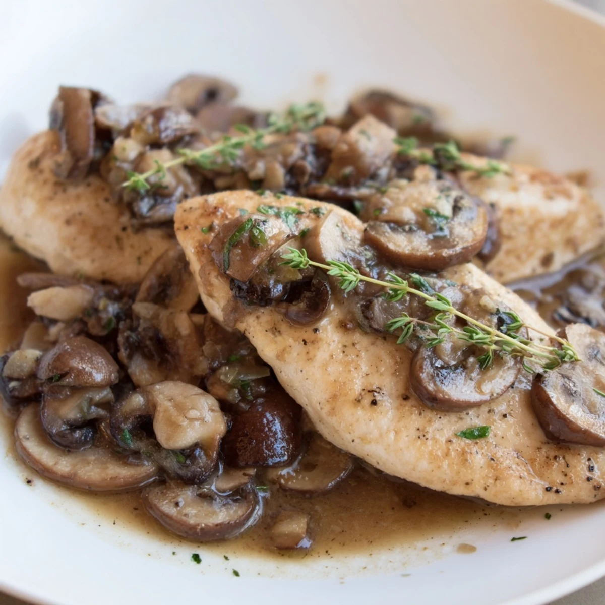 Golden-brown chicken breasts smothered in a rich Marsala wine sauce with sautéed mushrooms and fresh parsley garnish.  