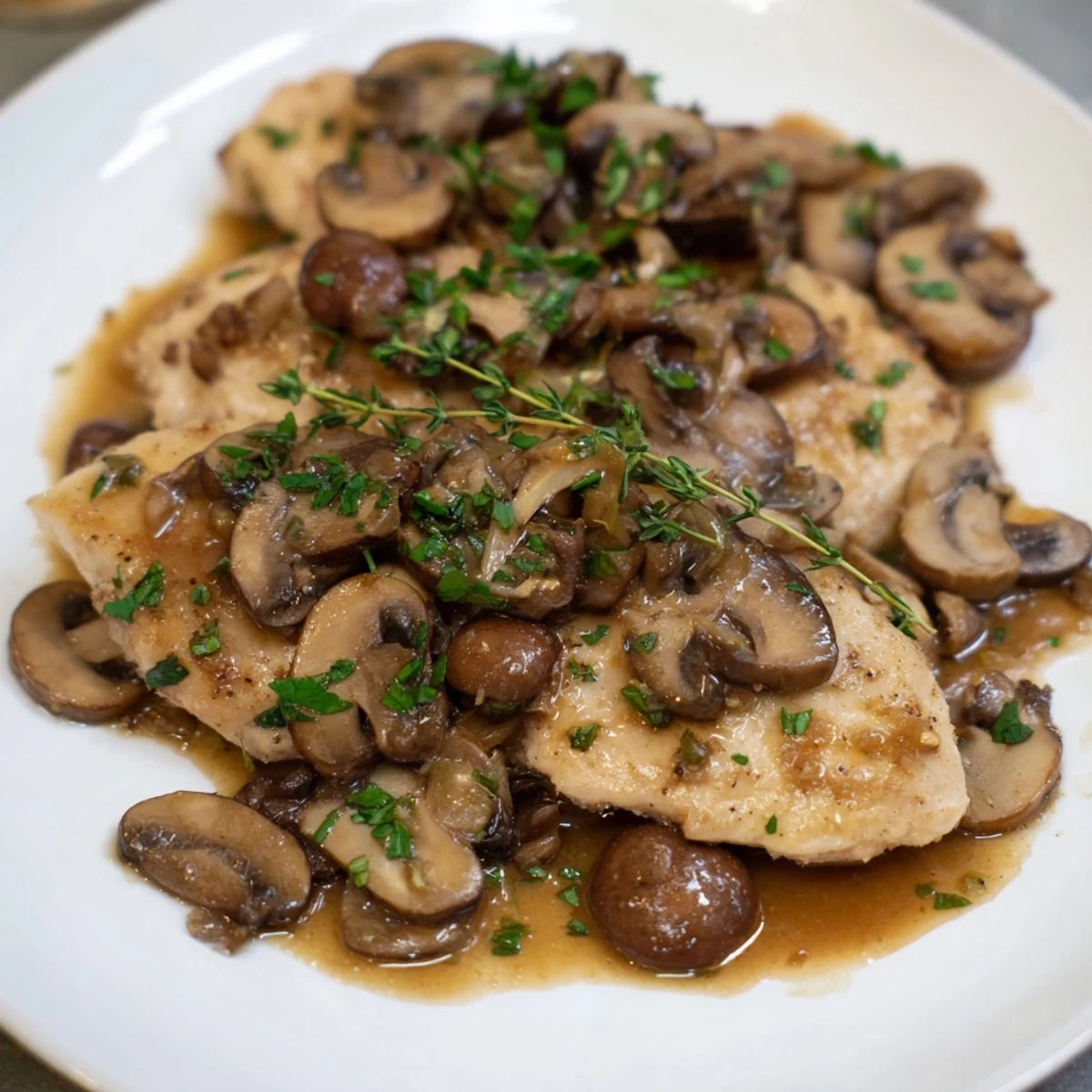 A close-up of sizzling Chicken Marsala in a skillet, featuring earthy mushrooms and a vibrant parsley garnish.