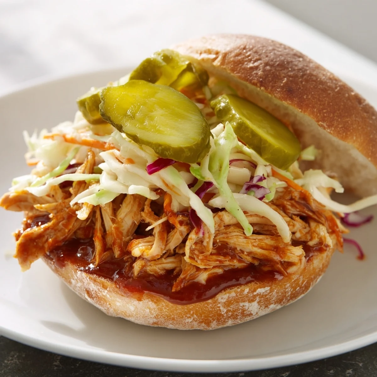 Tender shredded chicken sandwich topped with vibrant slaw and pickles, served on a soft brioche bun for a classic American meal.