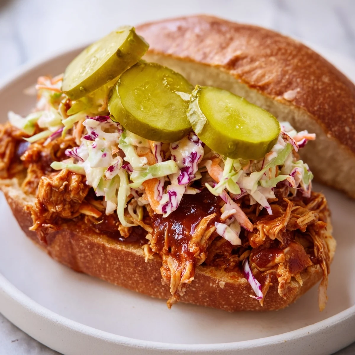 Golden brown pulled chicken, glossy with barbecue sauce, piled high on a toasted bun with crunchy slaw and dill pickles.