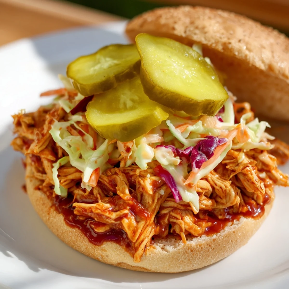 Juicy pulled chicken nestled in a soft bun, layered with crisp cabbage slaw and tangy pickles for a satisfying bite.