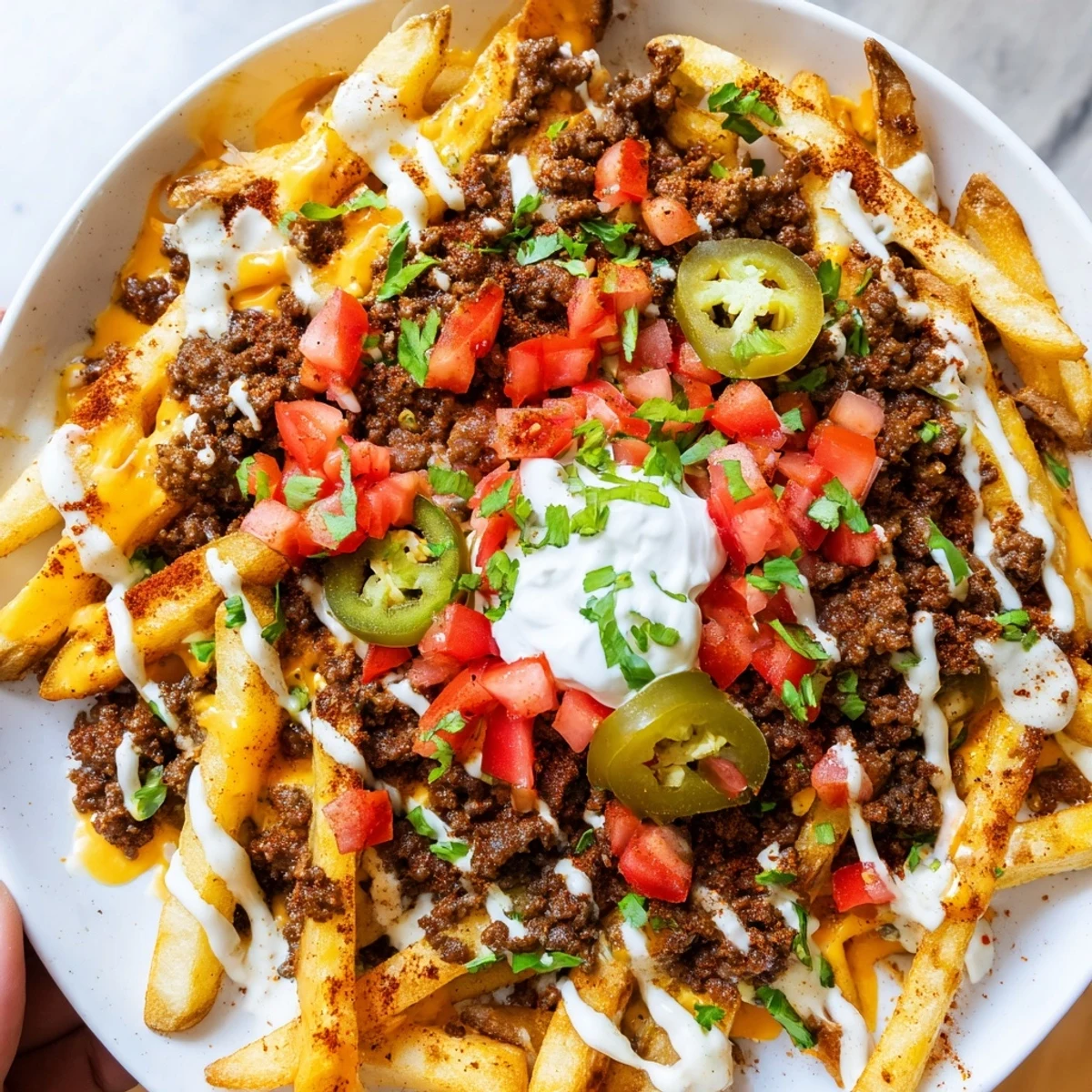 Golden-brown Loaded Nacho Fries with Queso and Beef, smothered in savory ground beef and melted cheese, topped with fresh jalapeños and cilantro.  