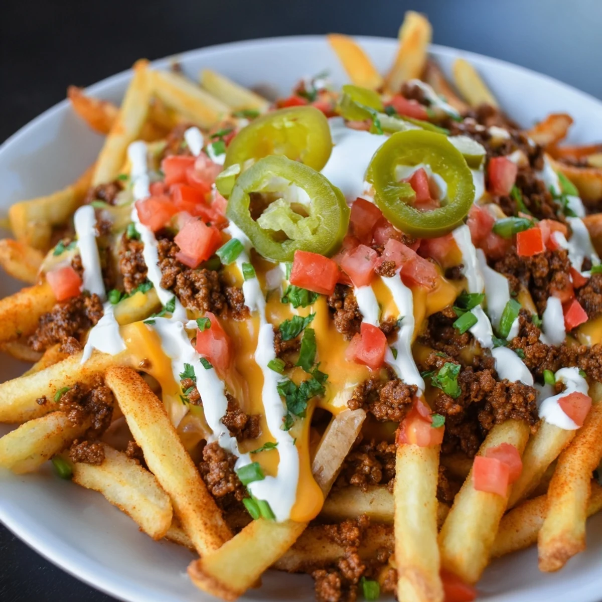 A close-up of Loaded Nacho Fries with Queso and Beef on a platter, featuring crispy fries, spicy beef, creamy queso, and colorful Tex-Mex toppings.  
