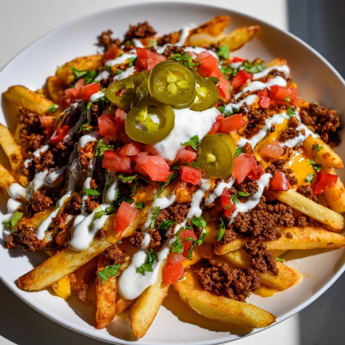 Loaded Nacho Fries with Queso and Beef served hot, drizzled with queso and sour cream, perfect for sharing at a game day gathering.