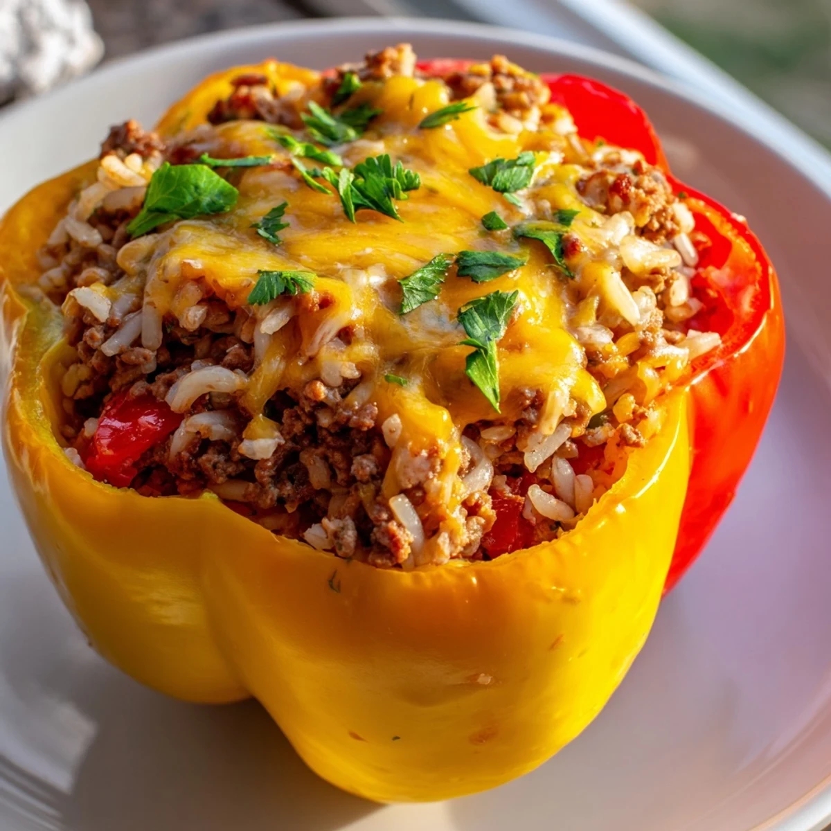 Golden-brown Creole Stuffed Peppers with Rice and Beef sit beside a vibrant salad, highlighting the bubbly cheese and colorful filling.