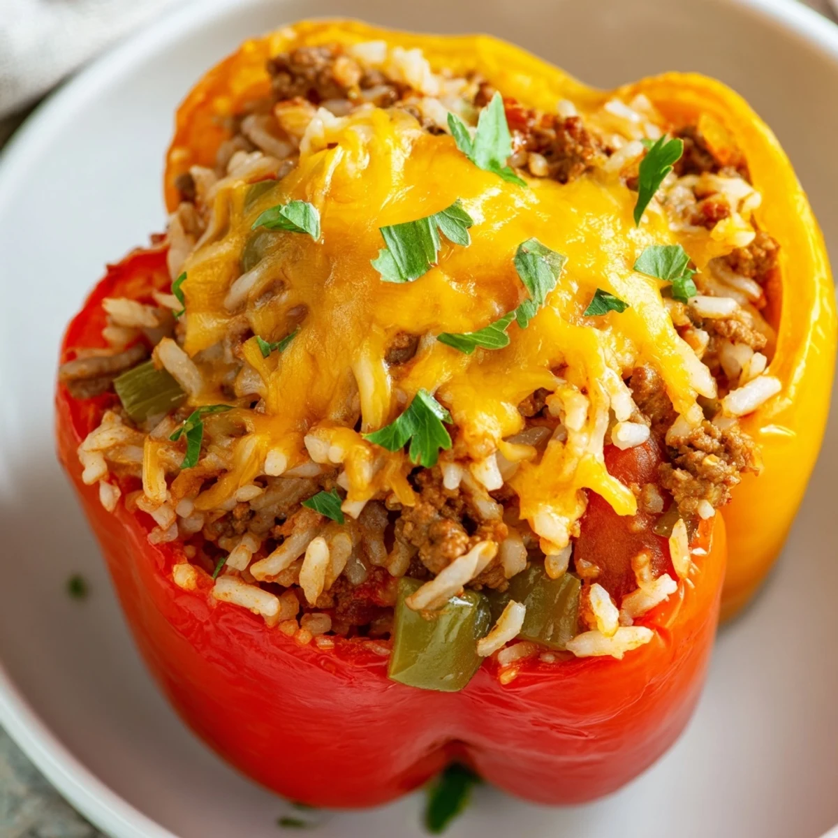 Four colorful bell peppers stuffed with seasoned ground beef, rice, and tomatoes, topped with melted cheddar and fresh parsley for a Creole comfort meal.