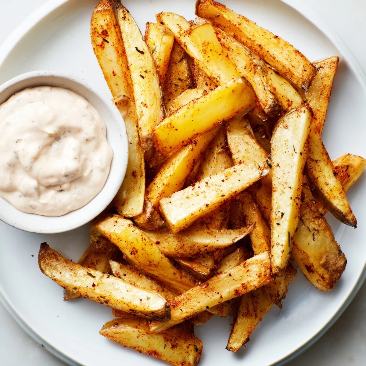 Crispy oven-baked Cajun Spiced Fries with Remoulade Dip served hot beside golden, spicy potato wedges.