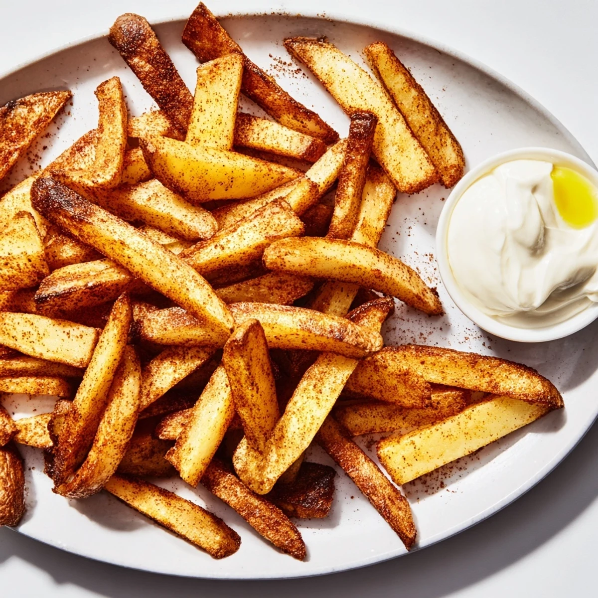 Golden Cajun Spiced Fries piled high with remoulade dip for dipping, perfect for game day snacking.