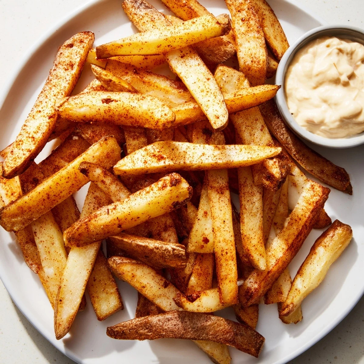 A close-up of Cajun Spiced Fries tossed in bold seasoning alongside creamy, tangy remoulade dip.