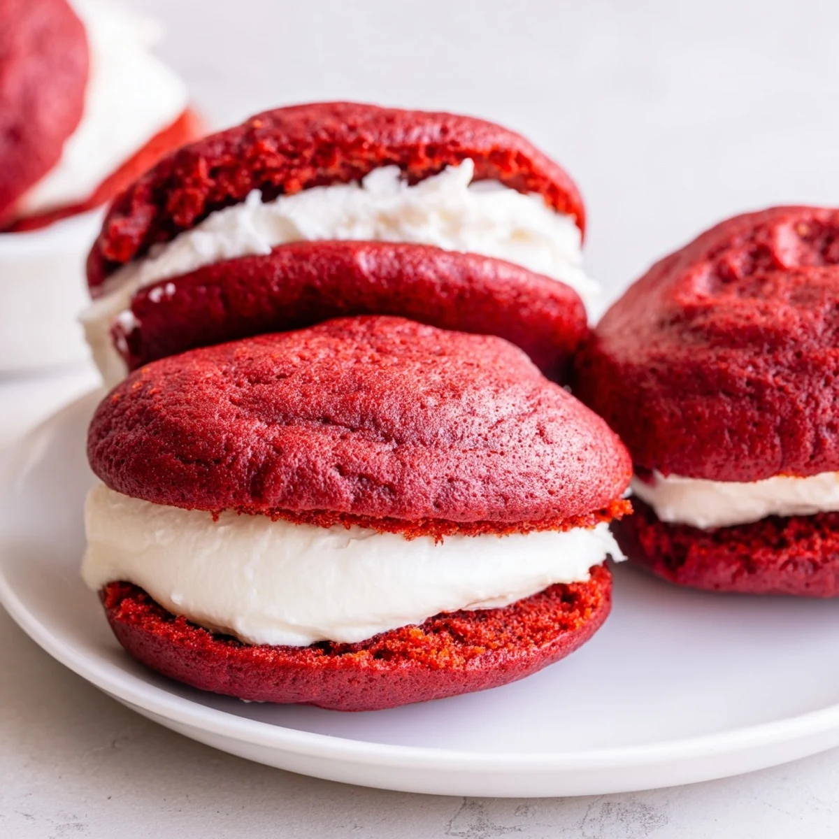 A photo of Red Velvet Whoopie Pies with Marshmallow Filling, displaying two soft, cake-like cookies sandwiching a generous swirl of fluffy white cream.