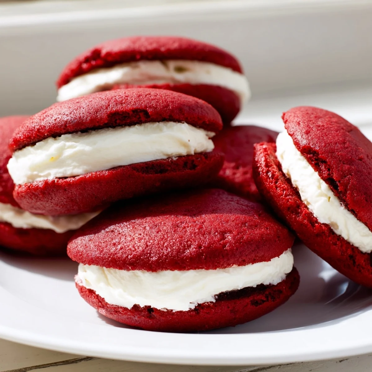 Close-up view of Red Velvet Whoopie Pies with Marshmallow Filling, highlighting the rich red cookie texture and the smooth, sweet marshmallow center.