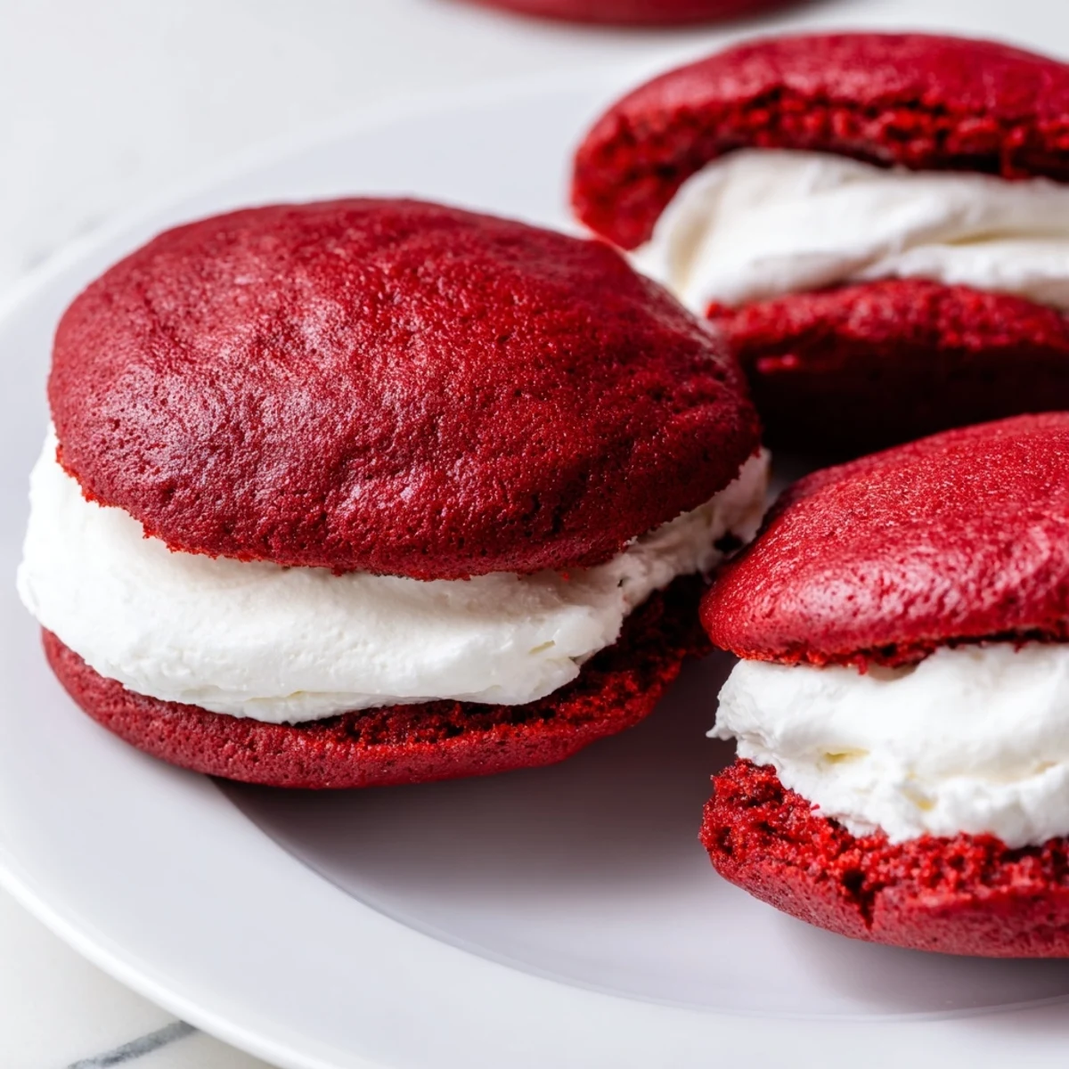 Overhead shot of Red Velvet Whoopie Pies with Marshmallow Filling arranged on a rustic wooden board, ready to serve as a nostalgic dessert.