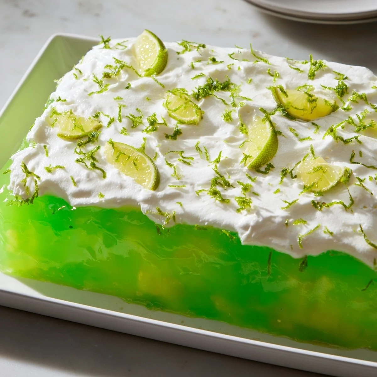 A slice of Lime Poke Cake with Whipped Topping features a moist yellow cake base soaked in vibrant lime gelatin and topped with fluffy white cream.  