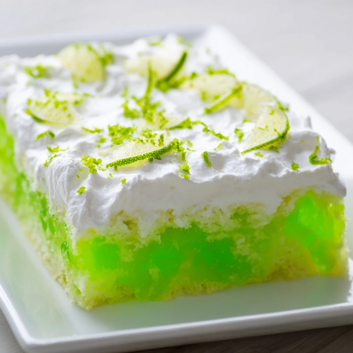 The finished Lime Poke Cake with Whipped Topping, garnished with fresh lime zest and slices, sits on a serving platter for a bright summer dessert.  