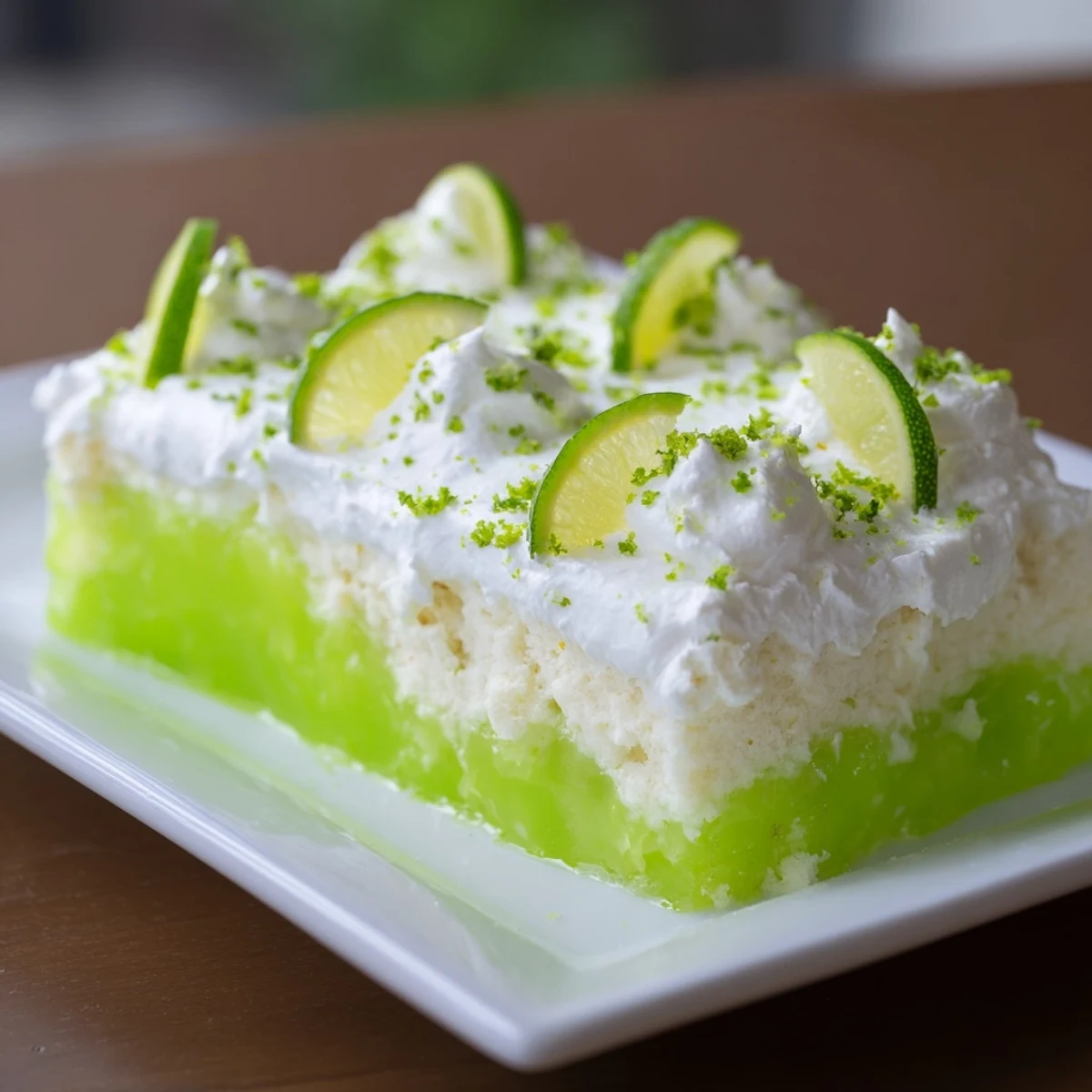 A close-up of Lime Poke Cake with Whipped Topping reveals a porous crumb soaked in lime syrup, topped with smooth whipped cream and green zest.
