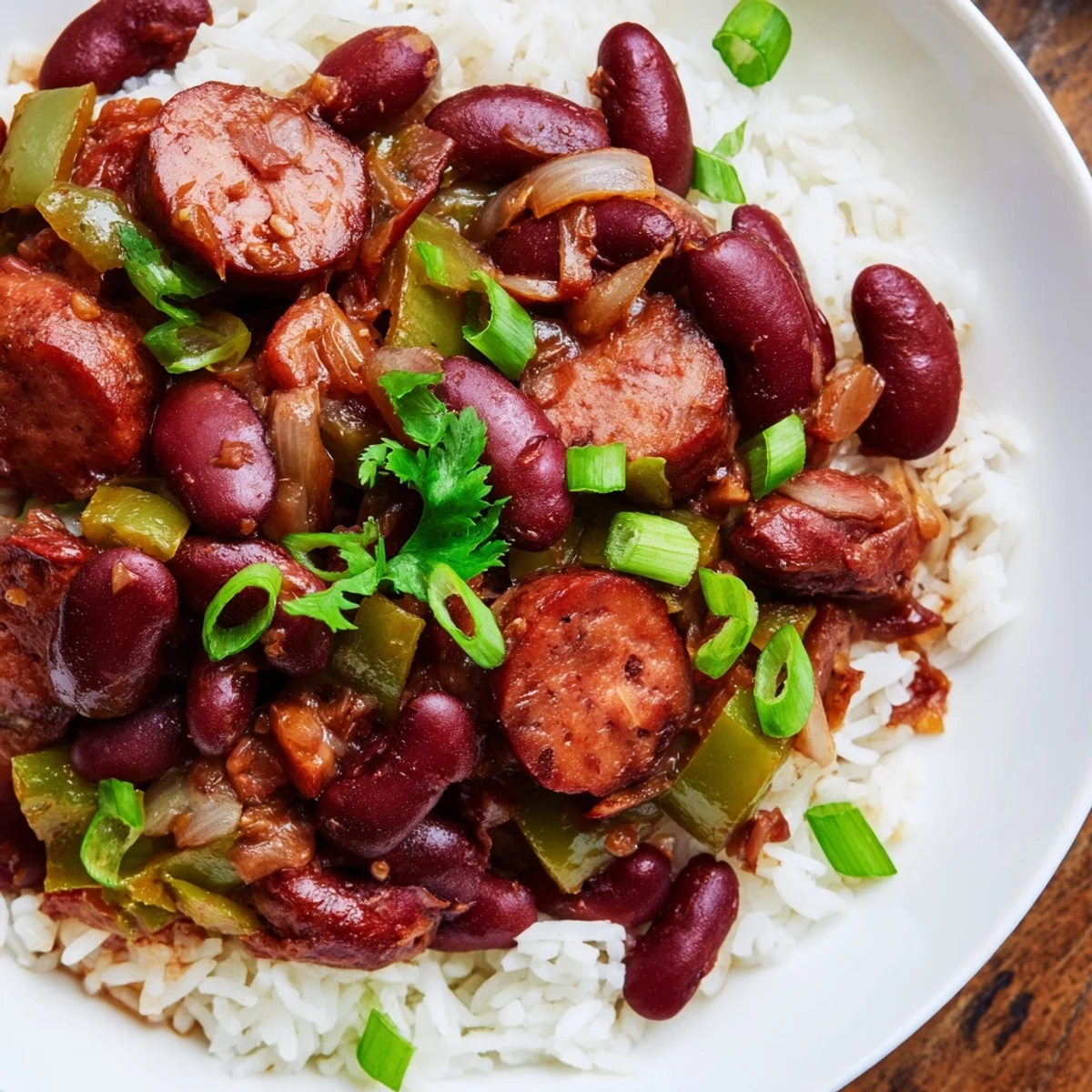 A comforting bowl of Red Beans and Rice with Beef Sausage, featuring tender beans and fluffy white rice garnished with fresh parsley.  