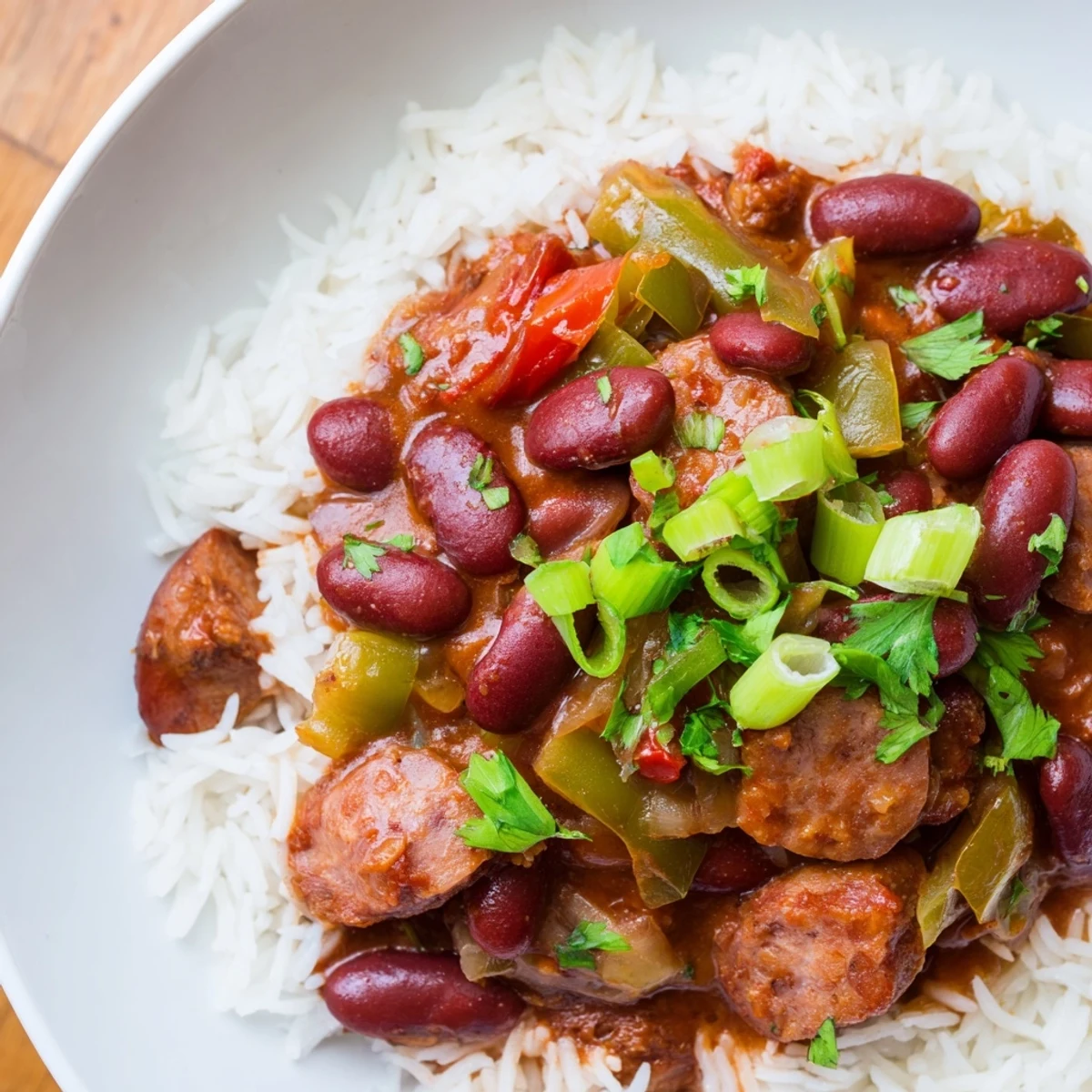 Red Beans and Rice with Beef Sausage simmered in a rich, aromatic Creole sauce, served hot with a side of crusty bread.  