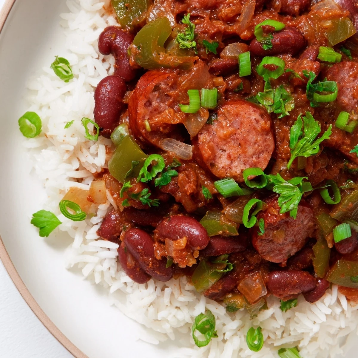 Savory Red Beans and Rice with Beef Sausage topped with sliced green onions, ready to serve for a hearty family dinner.
