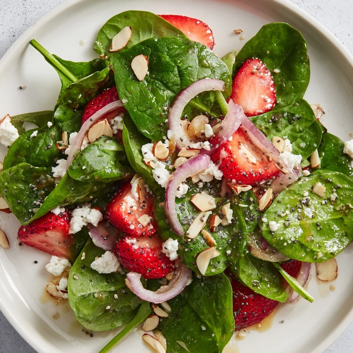 Fresh spinach and sliced strawberries topped with crumbled feta and toasted almonds in a Strawberry Spinach Salad with Poppy Seed Dressing.  