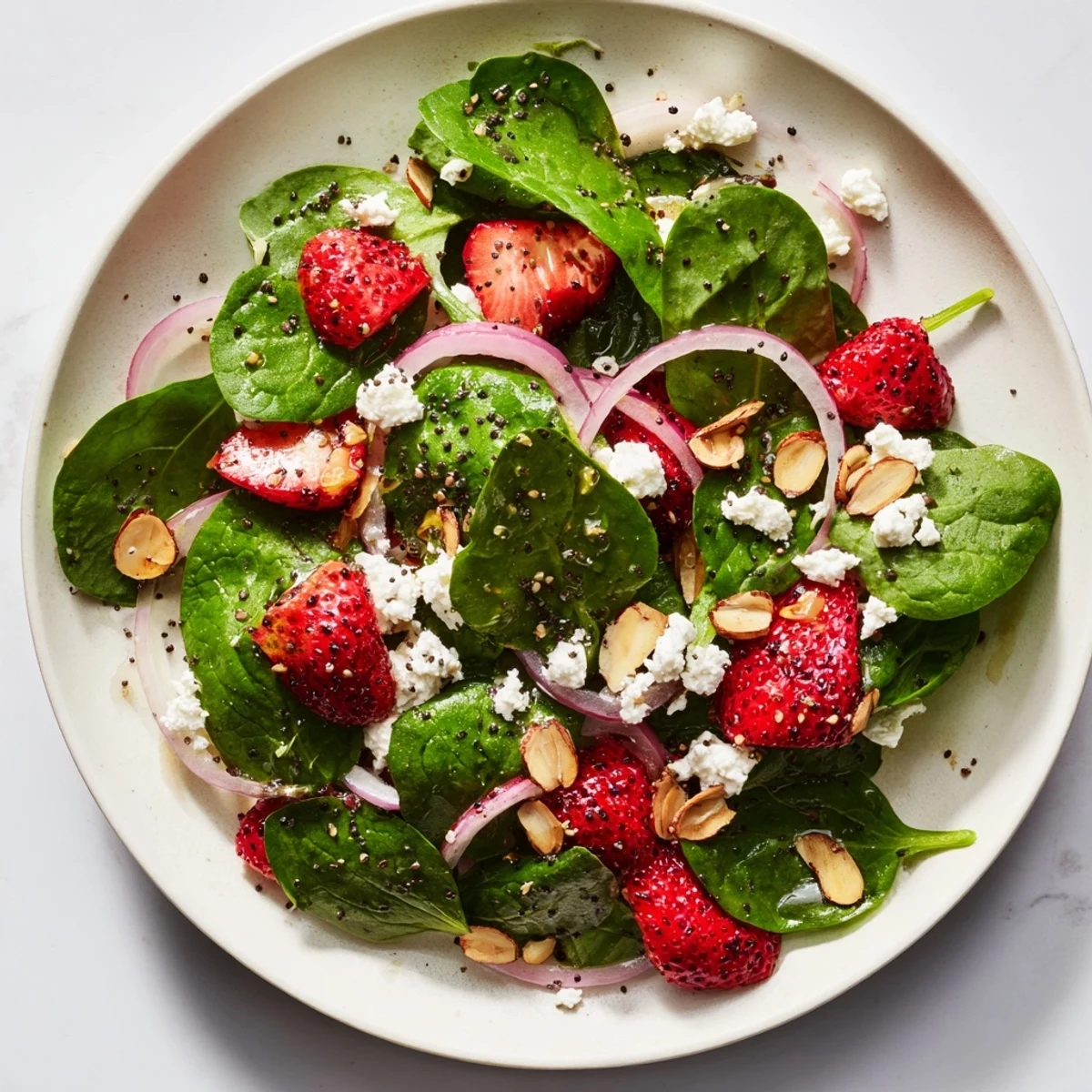 A close-up of vibrant Strawberry Spinach Salad with Poppy Seed Dressing, drizzled with tangy dressing and garnished with red onion.  