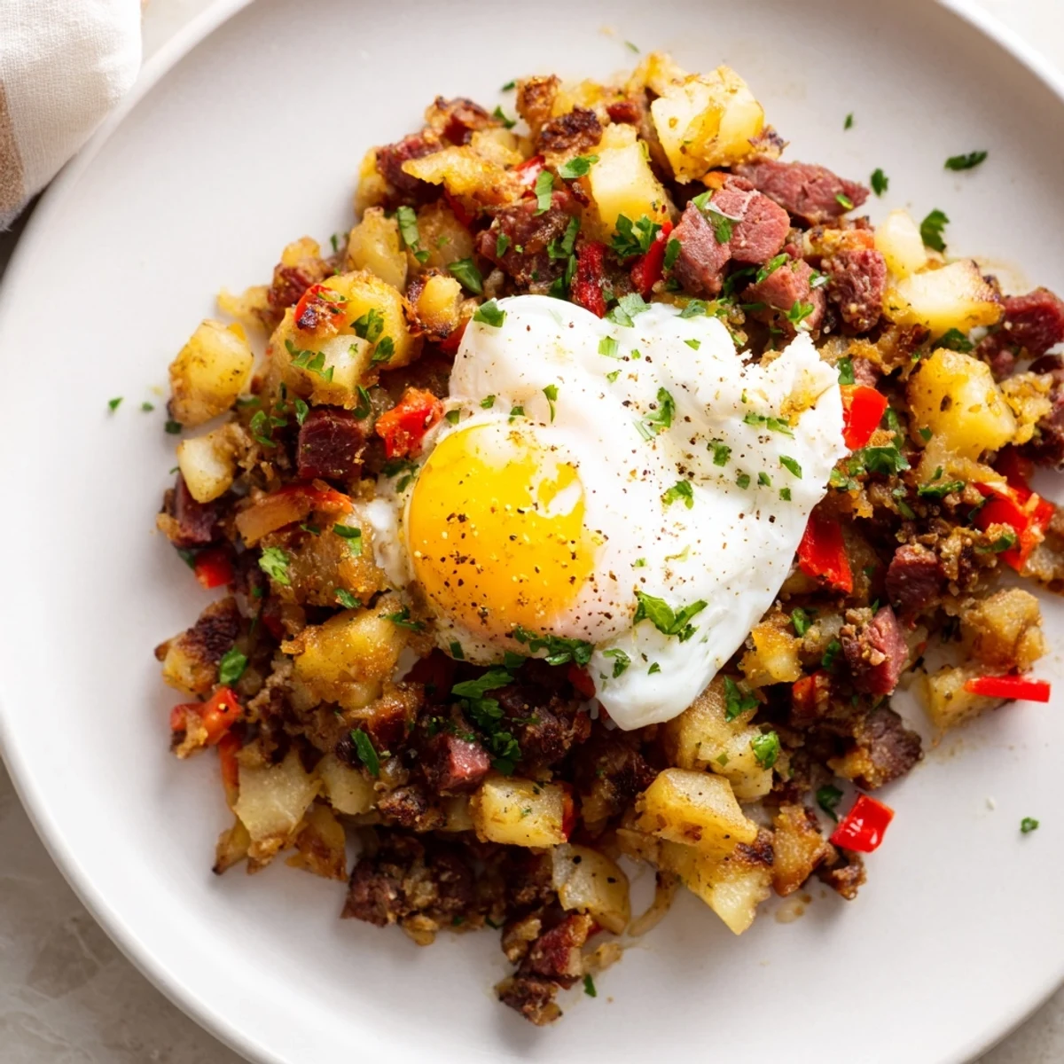 A close-up view of a hearty corned beef hash with a runny poached egg yolk.