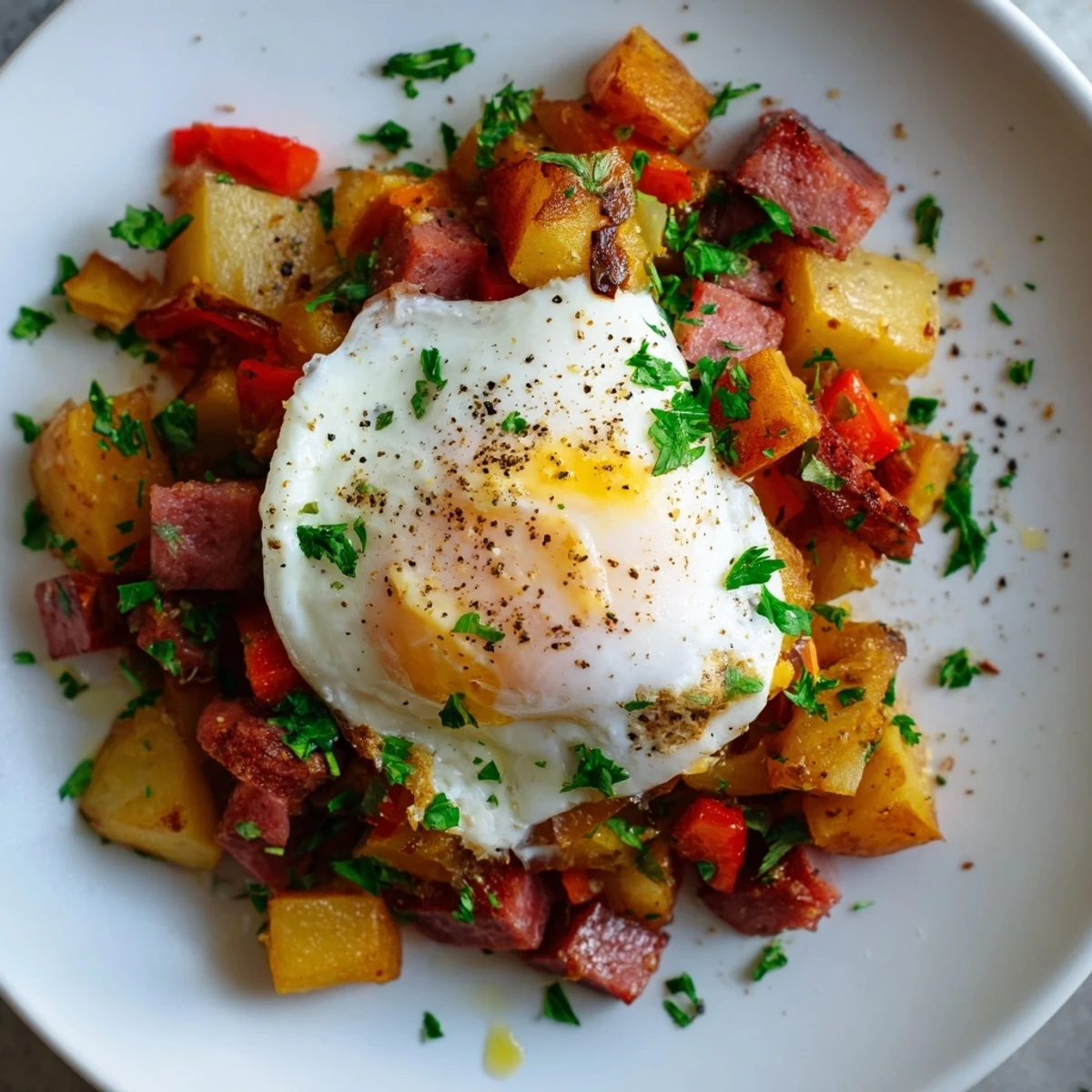 American brunch favorite corned beef hash with potatoes, peppers, and a perfectly poached egg.