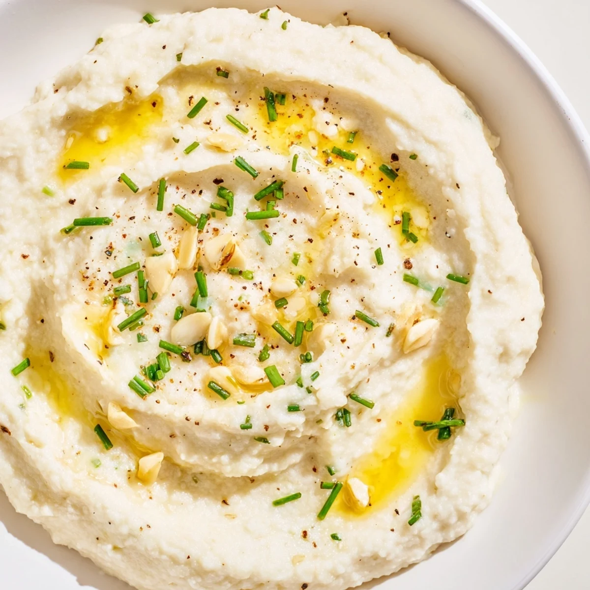 Creamy roasted garlic mashed cauliflower in a rustic white bowl, garnished with fresh chives and a pat of butter.
