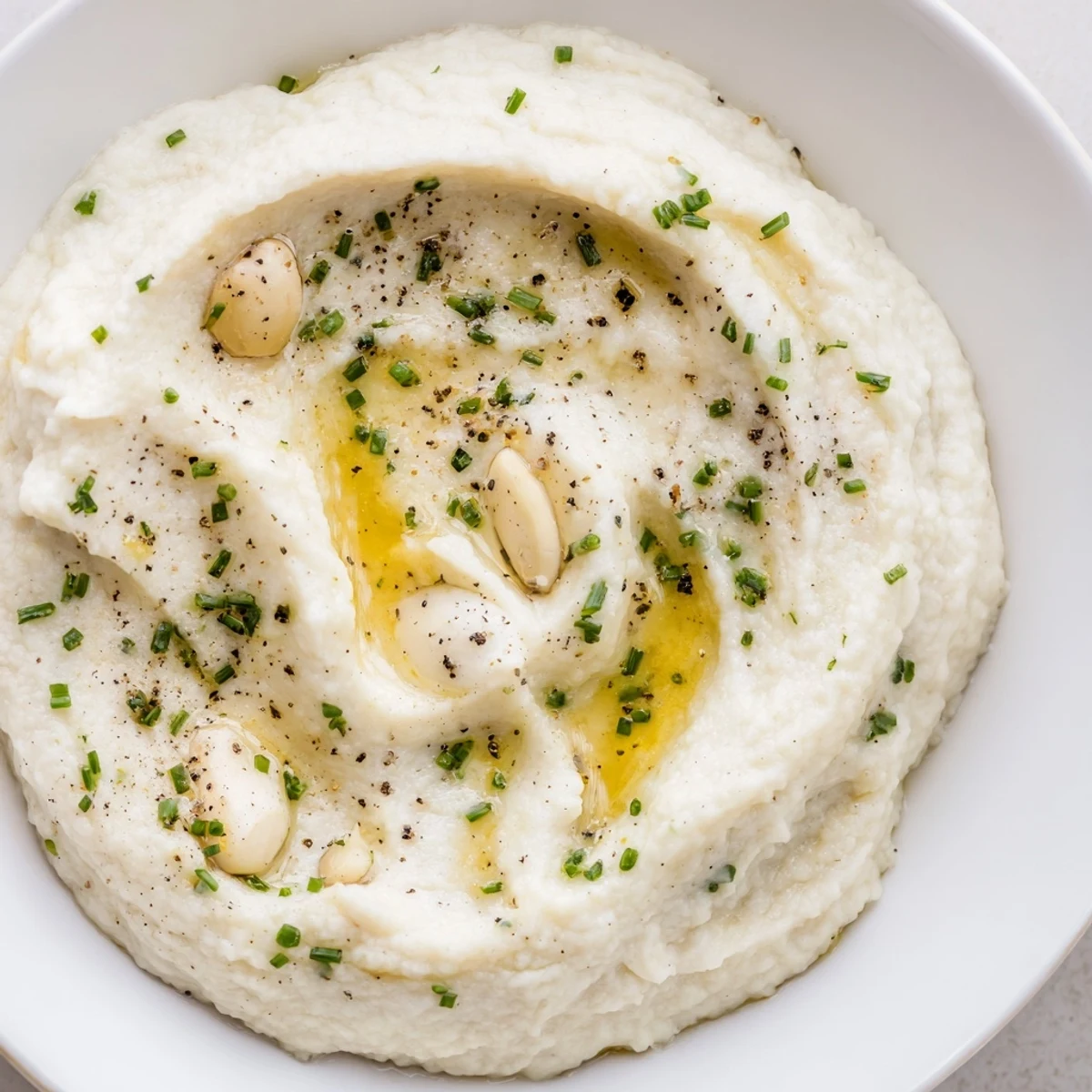 Steam-roasted cauliflower florets blended into a smooth, low-carb side dish for a healthy Thanksgiving or dinner plate.