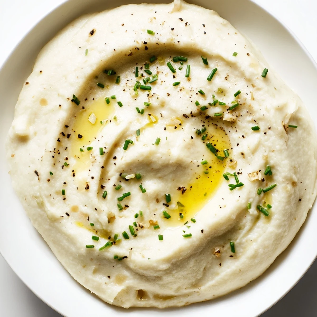 Garlic-roasted mashed cauliflower in a serving dish, highlighted as a flavorful, gluten-free alternative to traditional mashed potatoes.