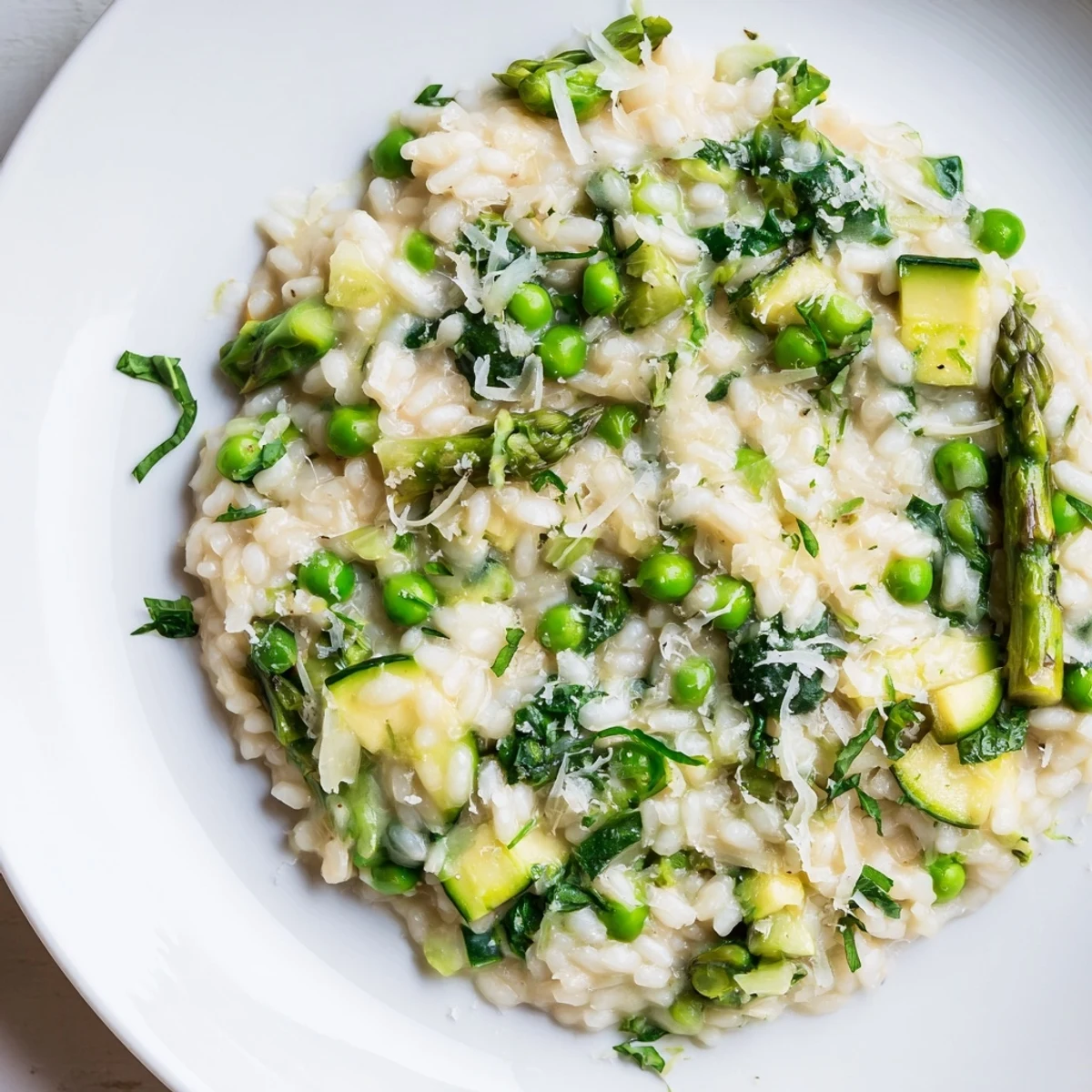 A close-up of creamy Spring Vegetable Risotto, garnished with fresh herbs and lemon zest, served warm.