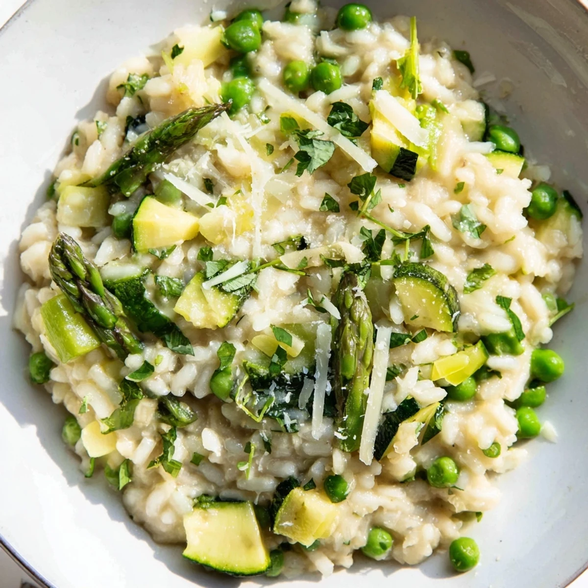 Bright Spring Vegetable Risotto with tender asparagus and peas in a white bowl, garnished with fresh parsley.
