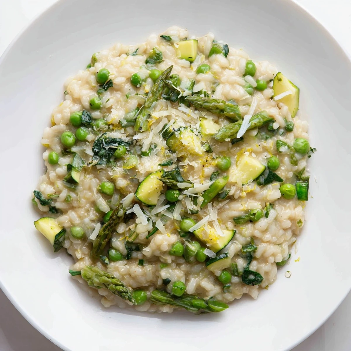 A spoonful of Spring Vegetable Risotto reveals a creamy texture with spinach and zucchini in a warm bowl.