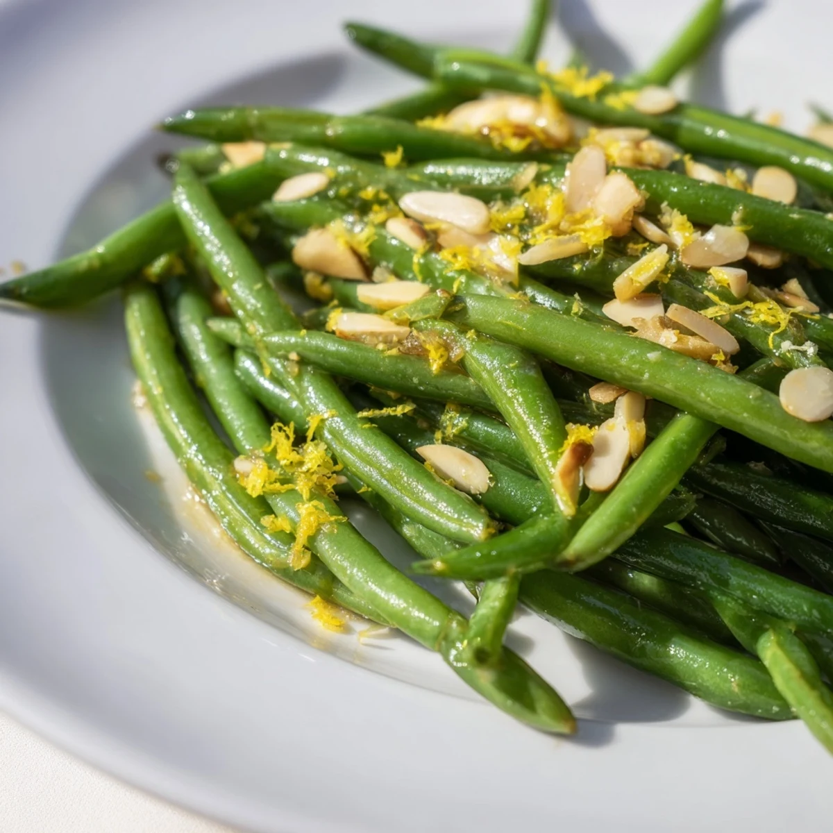 Green Beans with Toasted Almonds and Lemon garnished with a sprinkle of fresh lemon zest.
