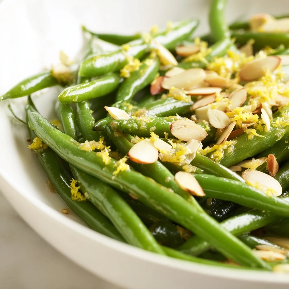 Green Beans with Toasted Almonds and Lemon served warm alongside a roasted chicken breast.