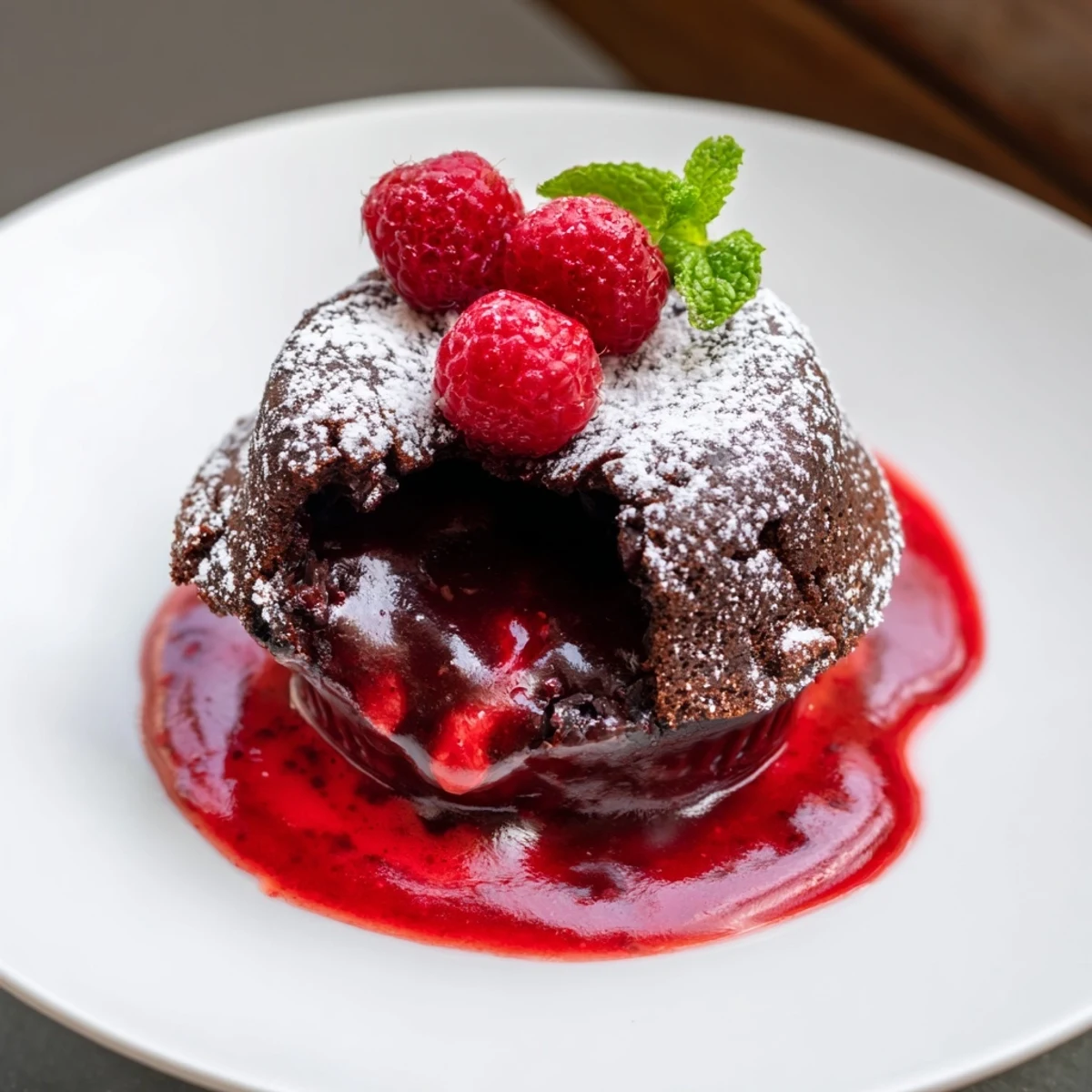 Golden-brown Chocolate Lava Cakes fresh from the oven, with a molten center dripping onto the plate beside a vibrant red raspberry coulis.  