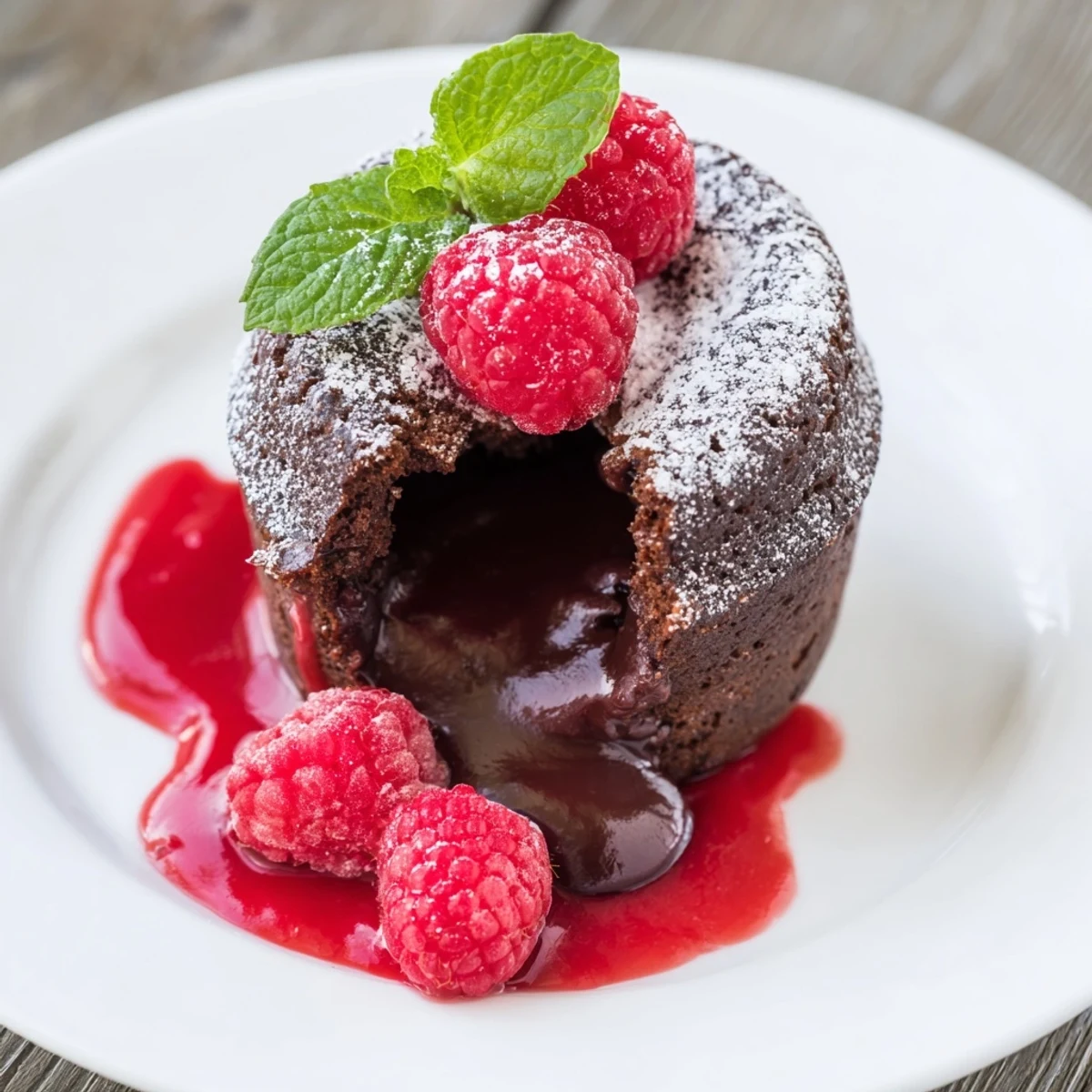 A close-up view of a plated Chocolate Lava Cake being sliced open to reveal the rich, gooey chocolate interior and drizzled with fresh coulis.  