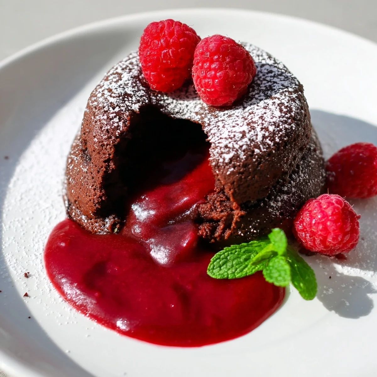 Elegant dessert presentation featuring Chocolate Lava Cakes dusted with powdered sugar, fresh raspberries, and a mint leaf garnish on a white plate.