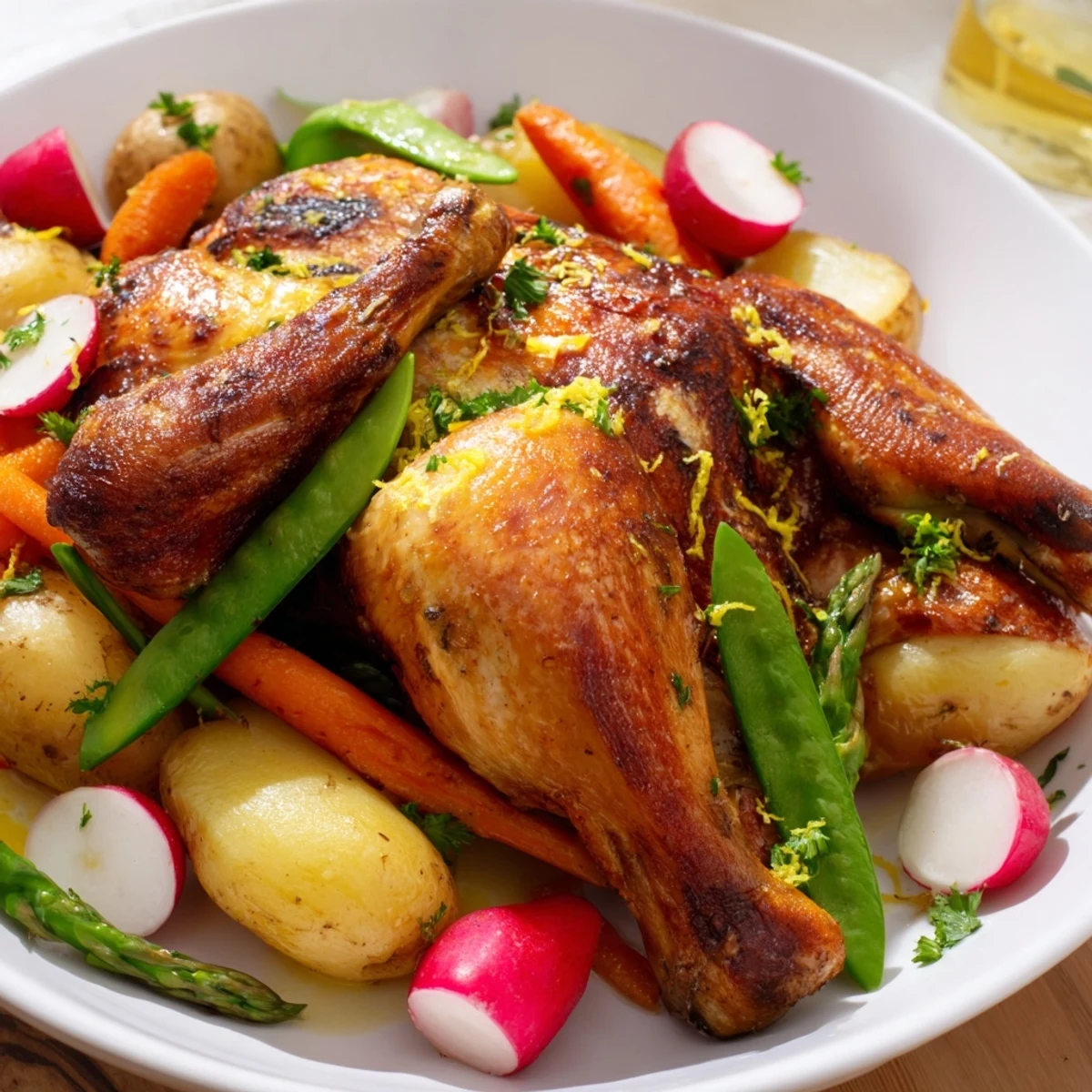 A close-up of crispy, herb-rubbed roasted chicken served with glazed carrots, green asparagus, and radishes on a rustic wooden table for a spring family dinner.