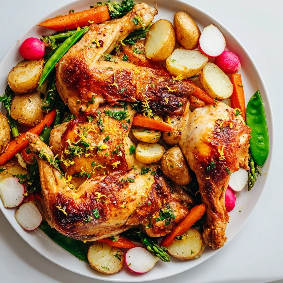 Golden roasted chicken breast resting on a platter of tender asparagus, carrots, and baby potatoes, garnished with fresh parsley and lemon zest for a bright finish.